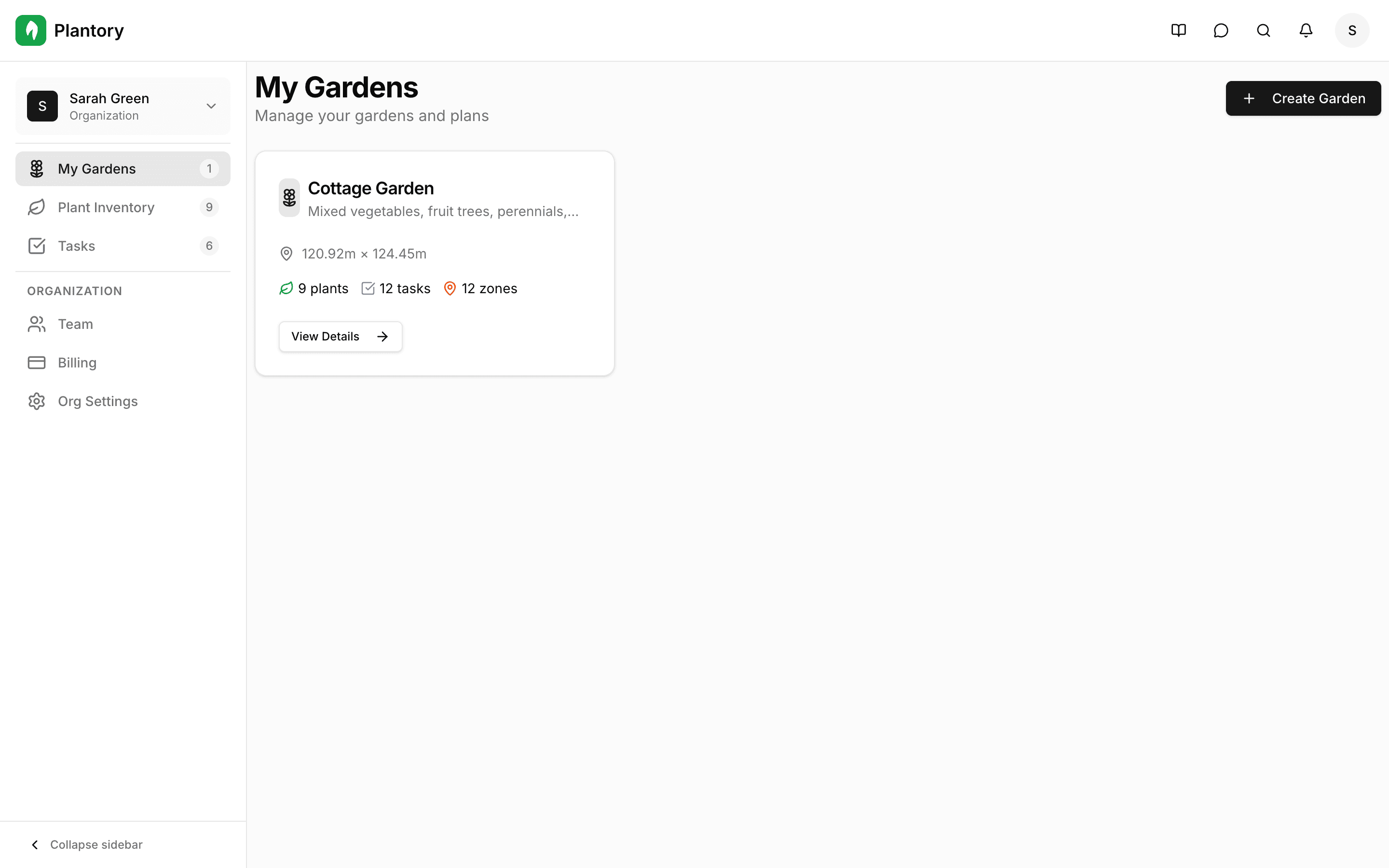 Hlavní přehled zobrazující karty zahrad a navigaci