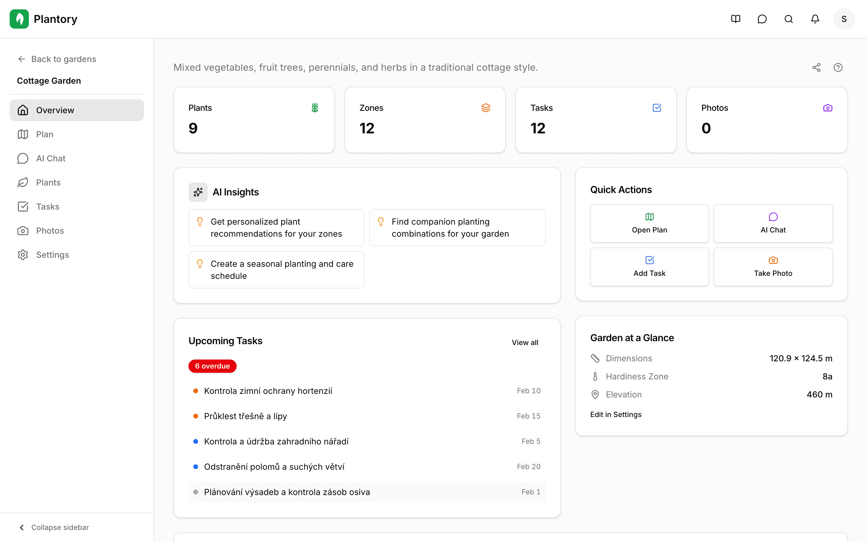 Detailní stránka nové zahrady se záložkami a prázdným stavem