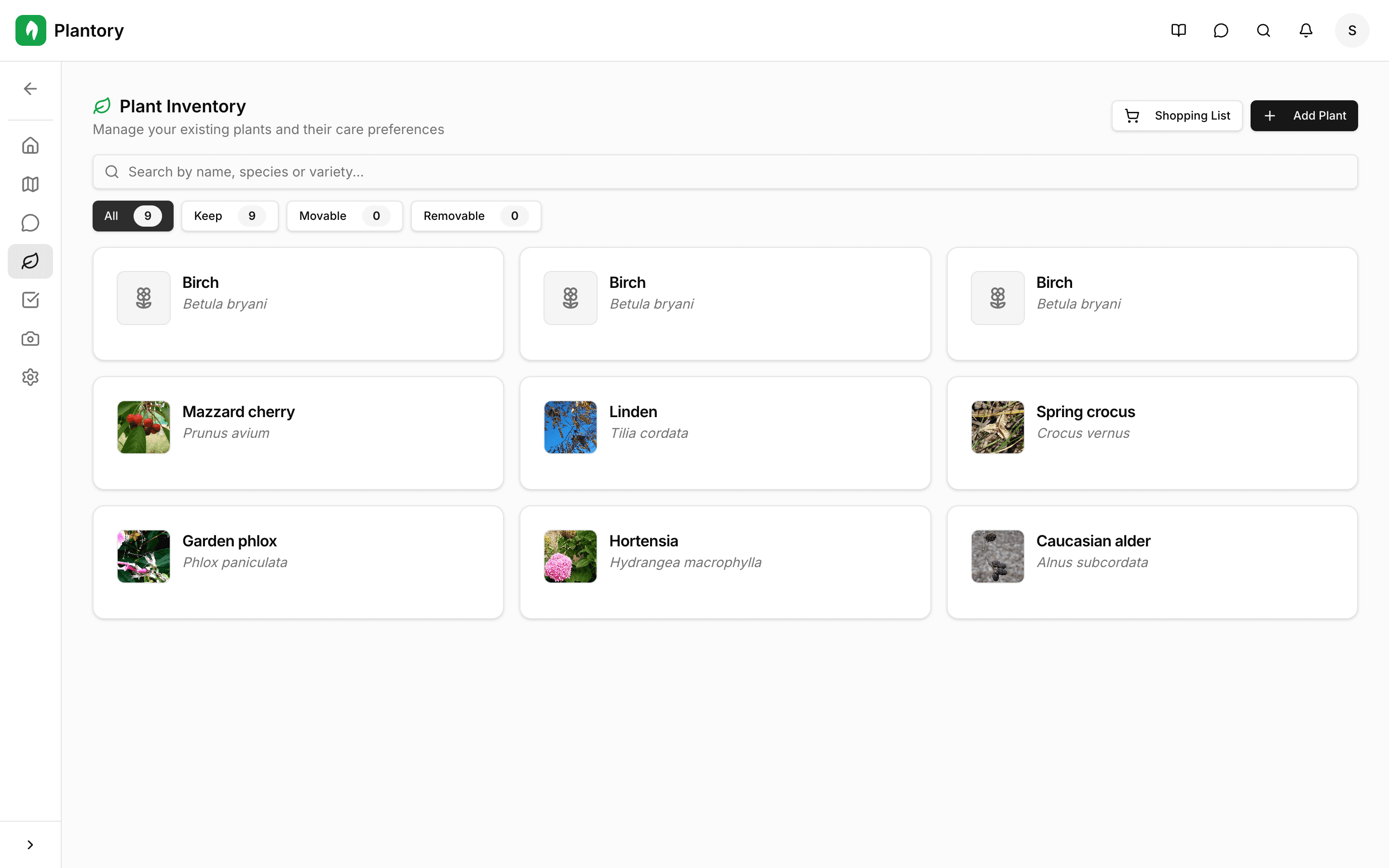 Stránka Rostliny zobrazující seznam přidaných rostlin